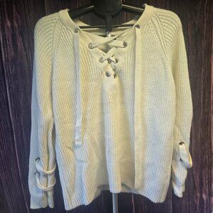 Forever 21 Cream Lace Up Sweater Medium Knit Pullover Tie Sleeves